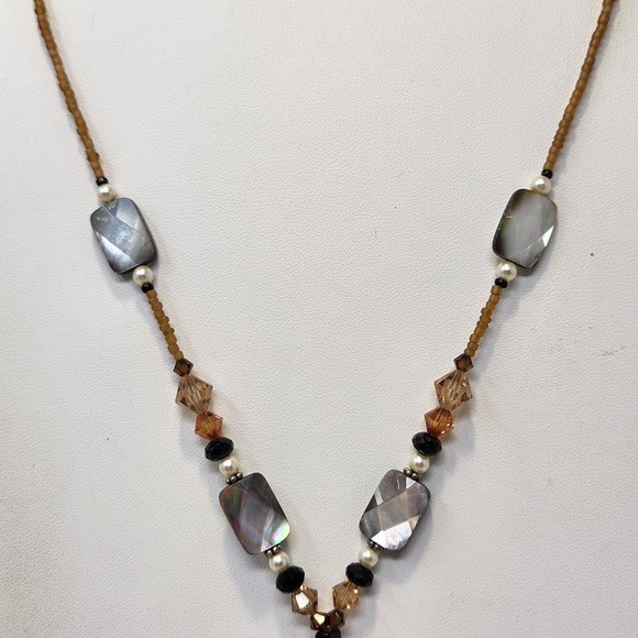 Artisan Black Shell Inlay Pendant Beaded Y Drop Necklace Sterling Silver Clasp - Picture 3 of 6